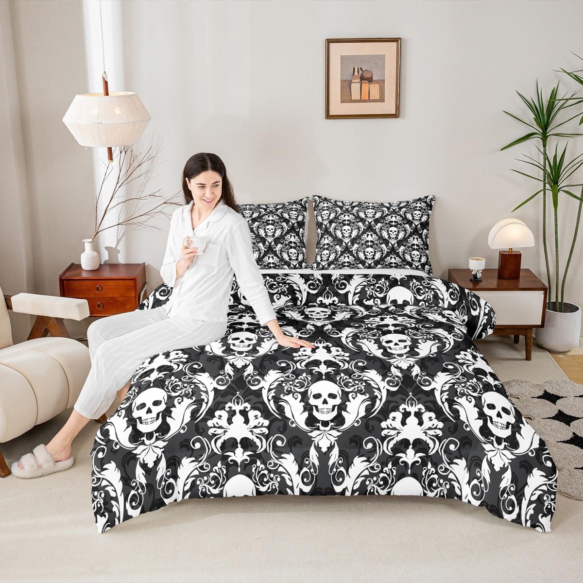 Feelyou Sugar Skull Bedding Set for Kids Boys Girls White Black Damask Floral Comforter Set Queen Size Vintage Jacquard Duvet Quilt Bedroom Decor Breathable Soft Microfiber Exotic Floral 3Pcs