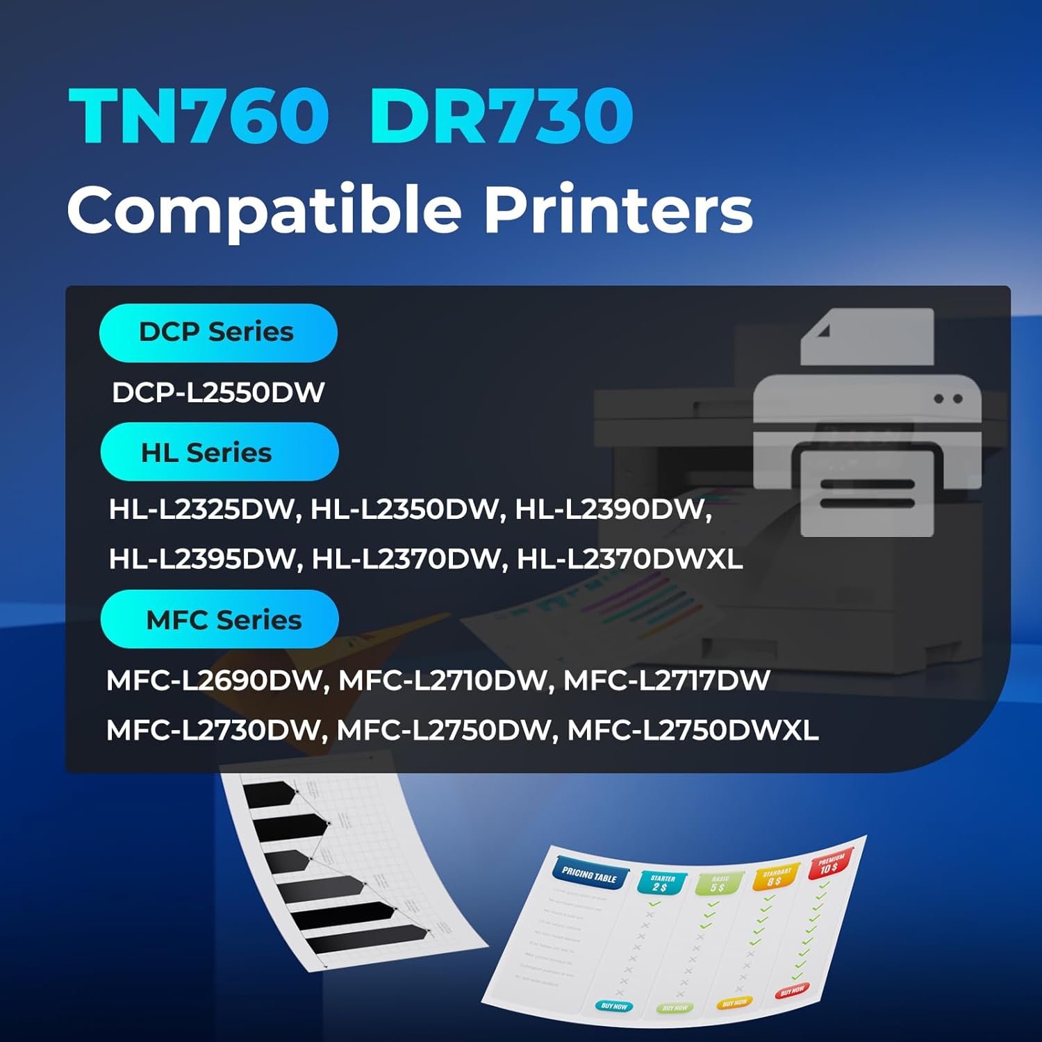TN760 Toner Cartridge and DR730 Drum Unit Compatible for Brother TN 760 TN-760 DR 730 DR-730 for HL-L2350DW MFC-L2710DW HL-L2370DW HL-L2395DW MFC-L2750DW DCP-L2550DW (2 Toners, 1 Drum Unit, 3 Pack) - Image 2