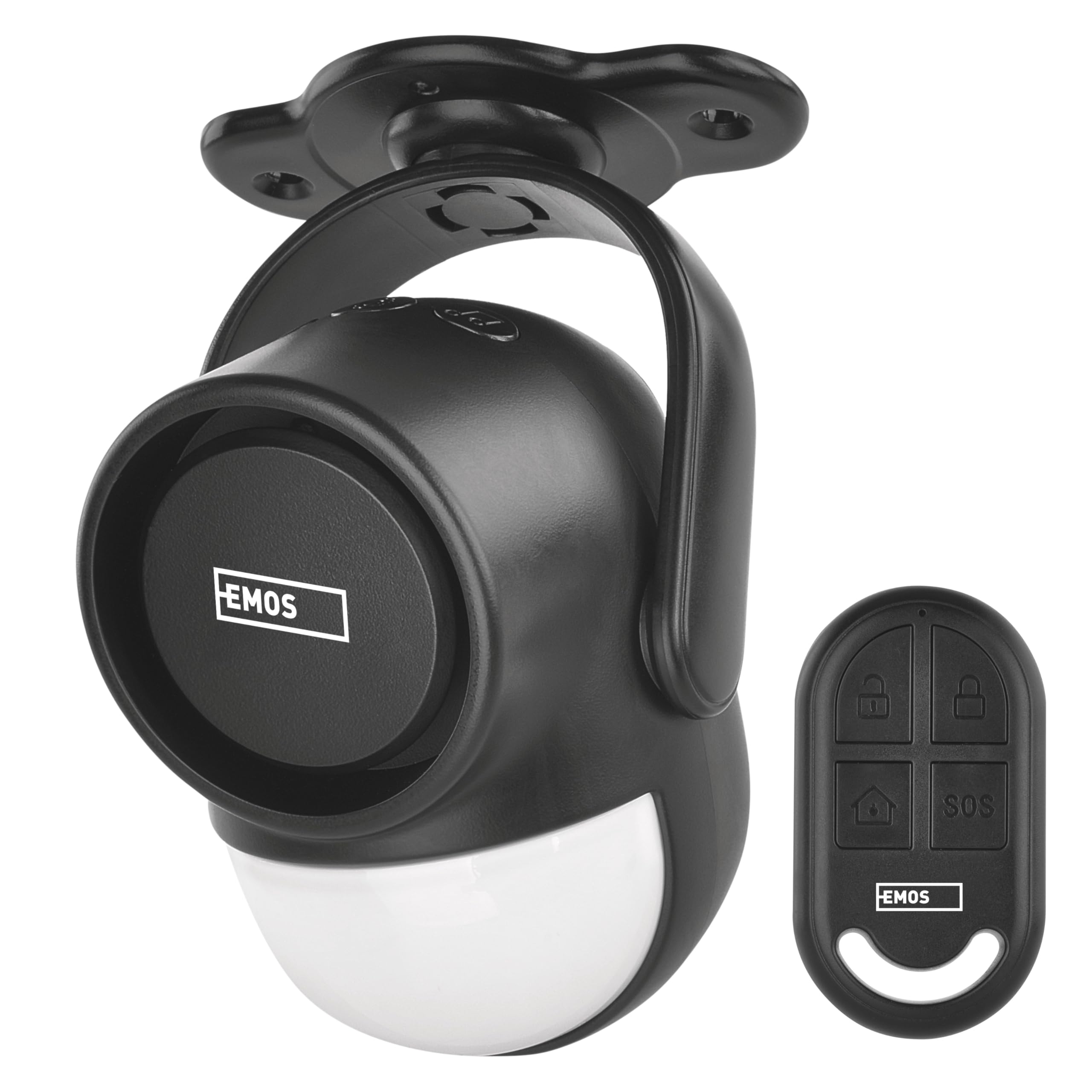 EMOS - PIR motion detector alarm with 125 dB siren, dual-action - 1x remote control - alarm kit type EM-125L - anti-theft alarm system for home, camper, office, garage, shop - black