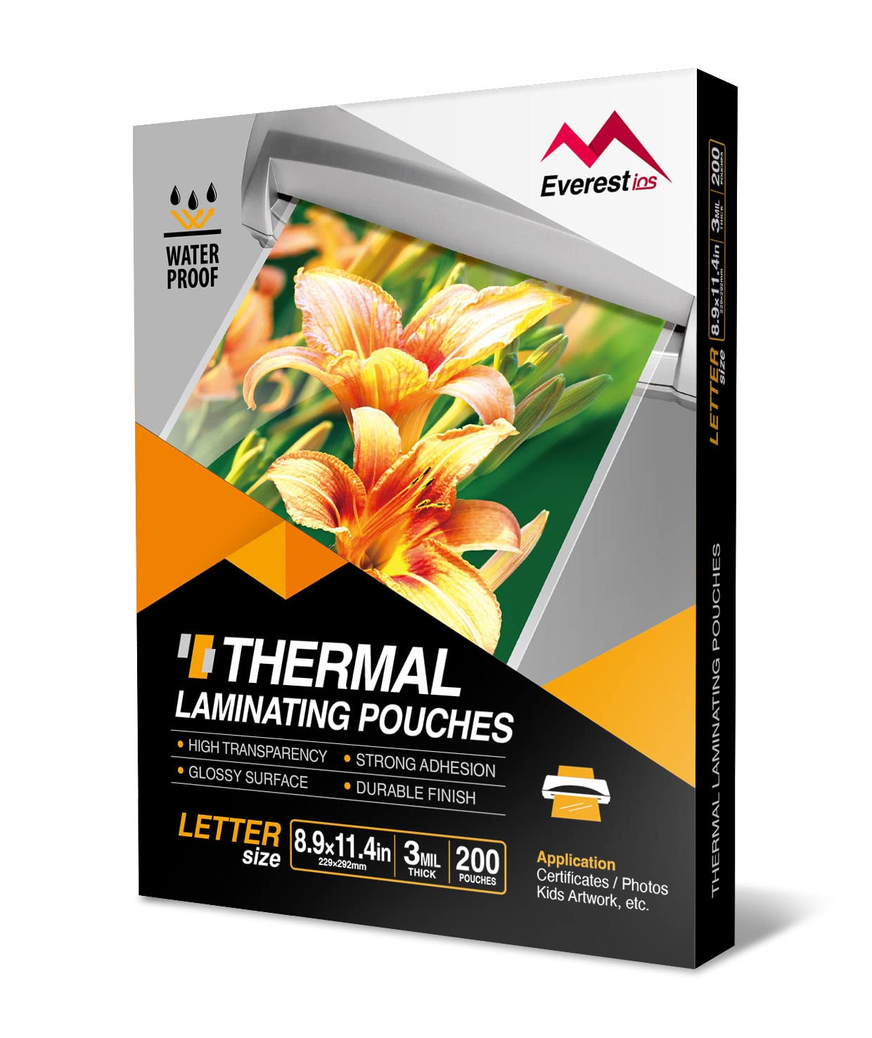 Everest Thermal Laminating Sheets, 8.9 x 11.4 Inches, 3 Mil Thick(80 Mic), 200 - Pack, Letter Size Lamination Pouches for Use With Laminator, Clear