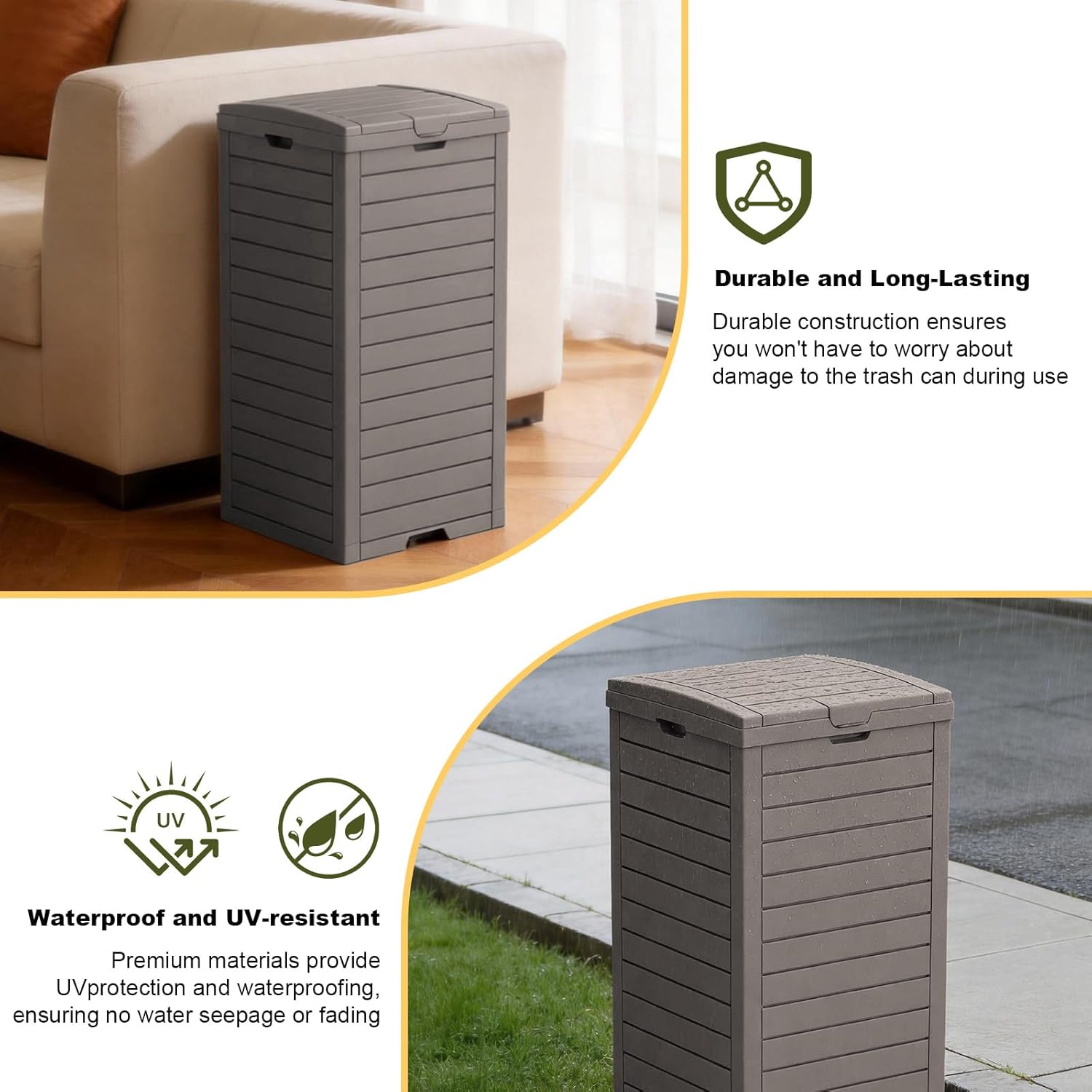 38 Gallon Outdoor Trash Can with lid,Waterproof,UV-Resistant Resin Garbage Can,Lockable Lid and Drip Tray,Trash Bin for Patio,Kitchen, Backyard and Deck(Grey)