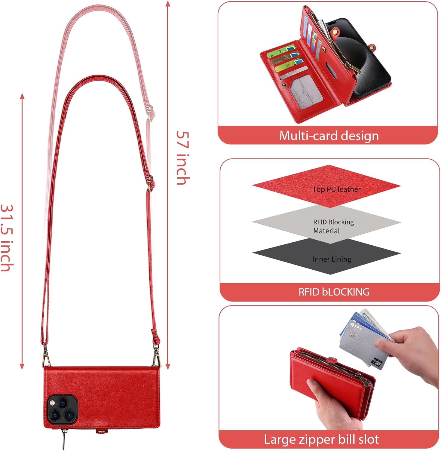 MInCYB for iPhone 14 Pro Wallet Case with Card Holder (12 Card Slots) - PU Leather Case for Women & Men, Wireless Charging, Detachable Magnetic, Crossbody Strap, Shockproof Protective Phone Cover.