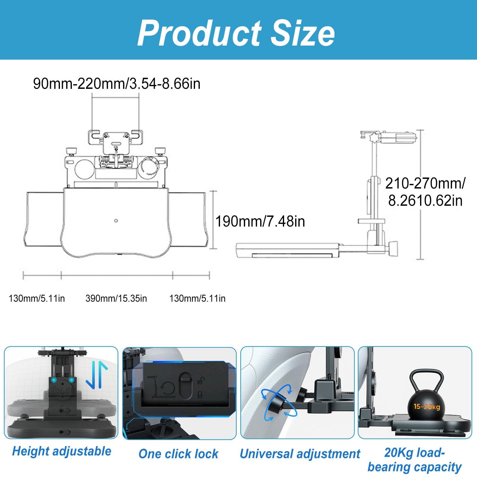 Tragbarer Autositz Tabletttisch, Auto Tisch für Rücksitz Beifahrer mit Getränkehalter und Handyhalter, Multifunktional Esstisch für Kinder Erwachsene Klappbar Einstellbar, Belastbarkeit 15-20 kg