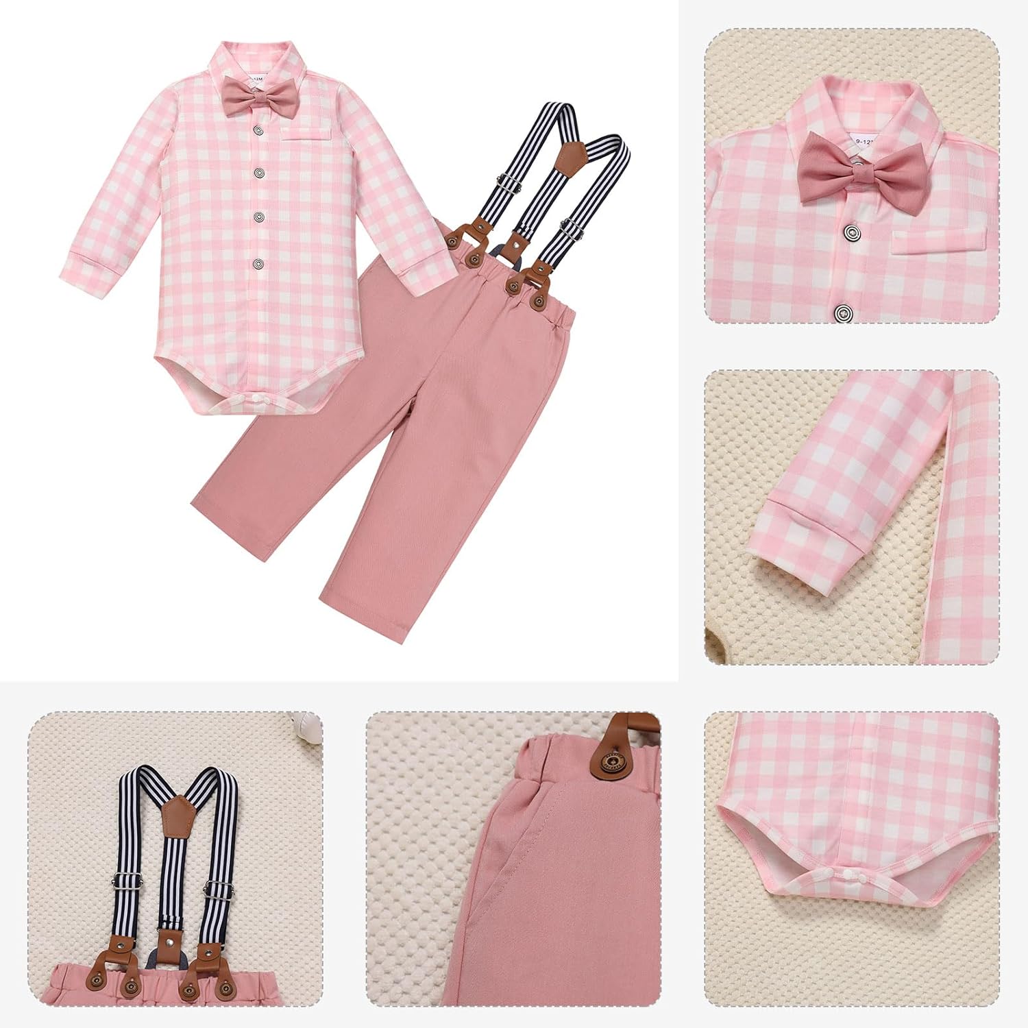 IDOPIP Baby Boys Clothes Suit Infant Gentleman Outfits Toddler Birthday Formal Wedding Tuxedo Romper Bowtie Suspenders Pants