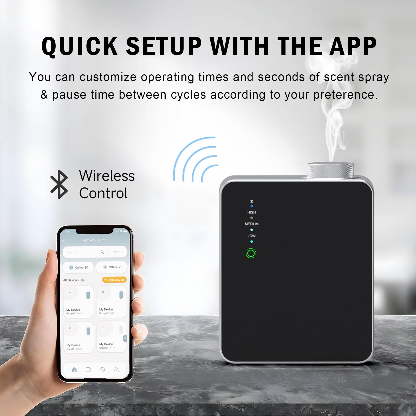 Diffuseur de parfum intelligent Bluetooth sans eau pour maison, spa, bureau, grande pièce, couvre jusqu'à 2000 m², diffuseur d'huile nébulisante d'aromathérapie commerciale, cadeau