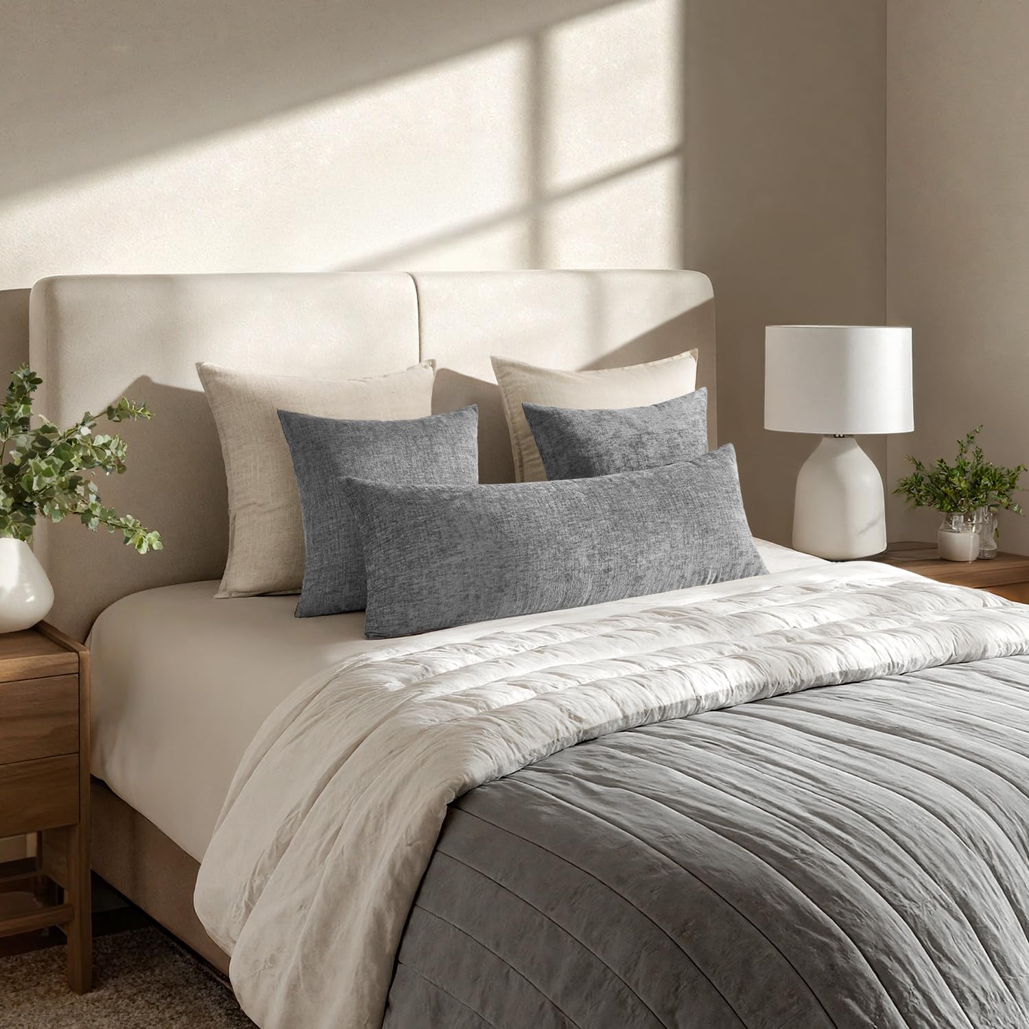 MIULEE Pack of 1 Couch Throw Pillow Covers 14x36 Inch Soft Dark Gray Chenille Lumbar Pillow Covers for Bed Sofa Living Room Solid Dyed Cases