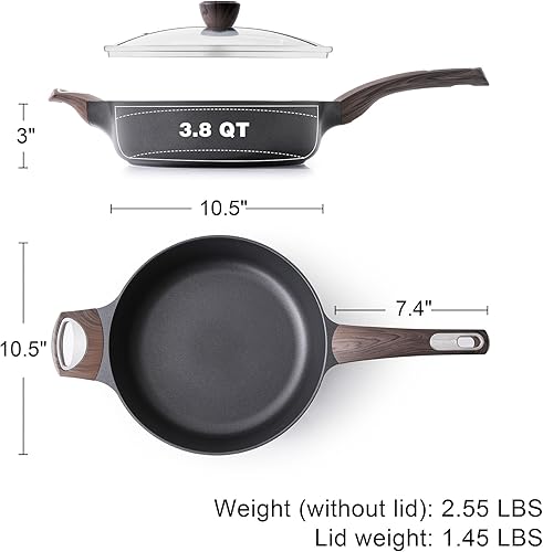 Miniatura 6 de SENSARTE Sartén antiadherente con tapa, sartén de 10.5 pulgadas de profundidad, sartén antiadherente de 3.8 cuartos de galón con tapa, sartén de