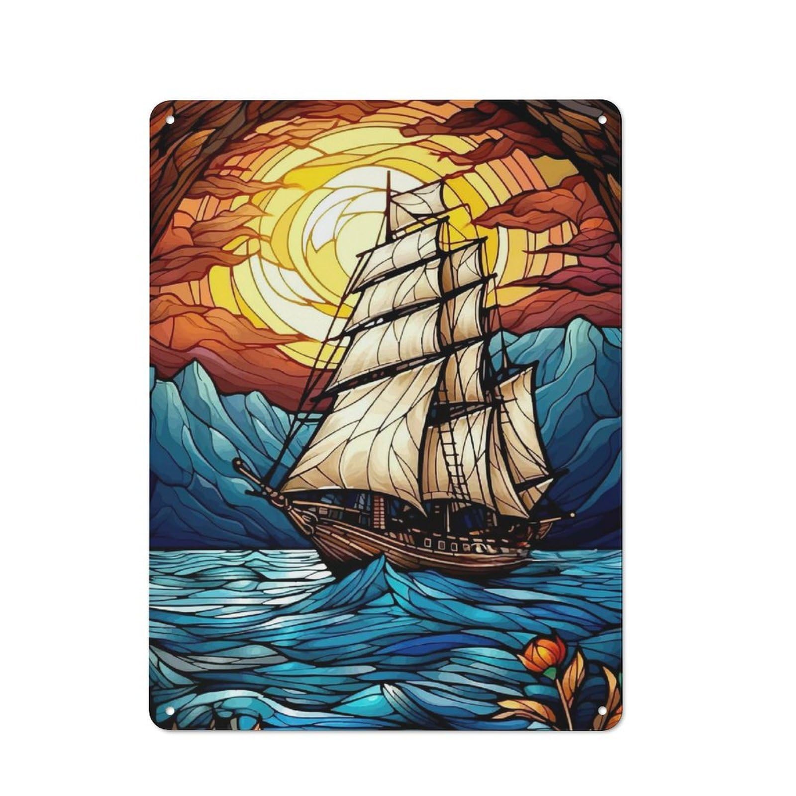Junmoney Style-16 Tin Wall Plaque 40X30cm With Stained Glass Sailboat At Sunset For Dining Room Or Kitchen, A Winter Wall Decor Update For Dining Room Decor Fans