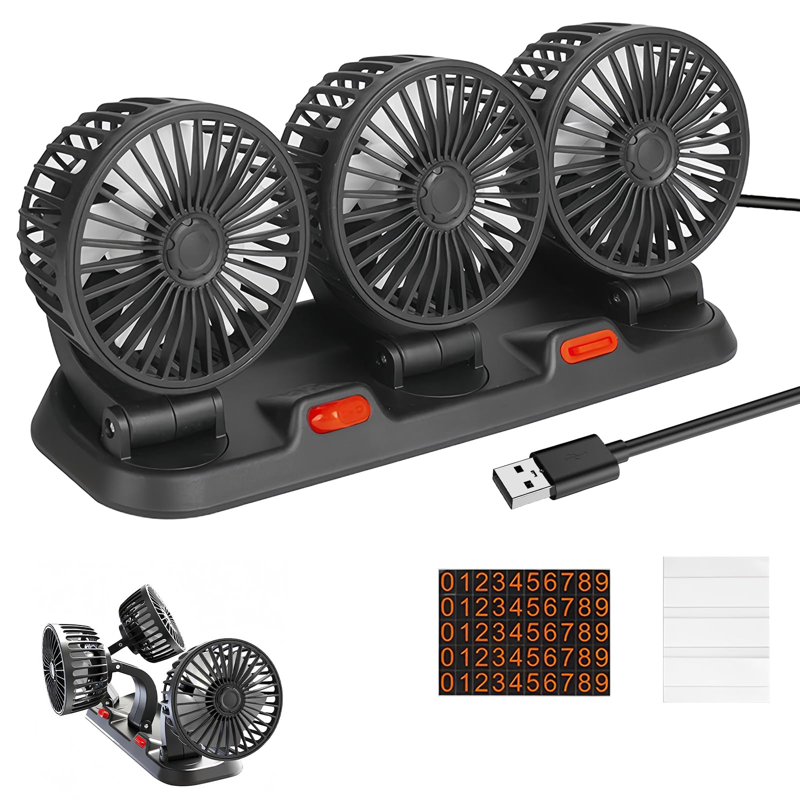 BORDEAG Ventilatore Elettrico per Auto,360°12V 24V Ventola Clip-On Regolabile,Ventilatore USB Auto Portatile,Ricaricabile Ventilatore da Tavolo Silenzioso per Camper,Camion,Berlina/SUV/RV/Barca