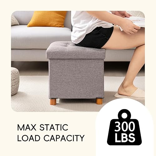 Miniatura 31 de PINPLUS Cubo otomano de almacenamiento, reposapiés de lino con patas de madera, reposapiés de tela plegable, asiento cómodo con tapa, otomana con
