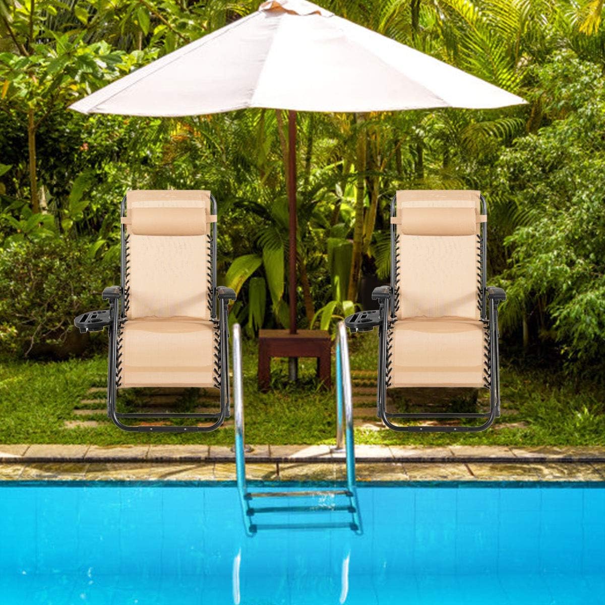 Goplus Oversized Zero Gravity Chair, XL-Extended Version, Outdoor Recliner w/Cup Holder & Detachable Headrest, Foldable Mesh Lounge Chairs for Patio Pool Porch & Deck, 500LBS (Set of 2, Beige)