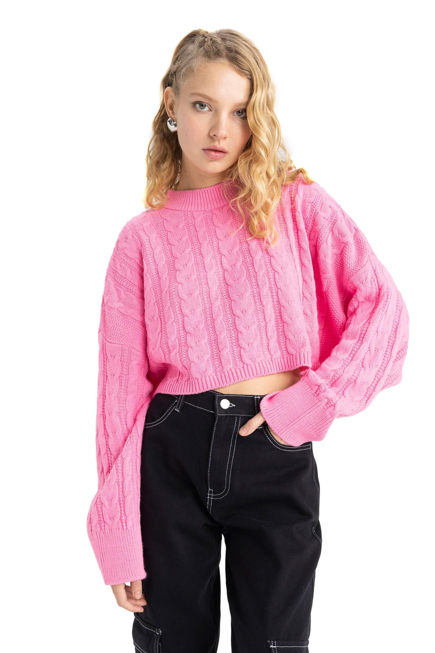 Coool Relax Fit Örgü Desenli Kayık Yaka Crop Kazak