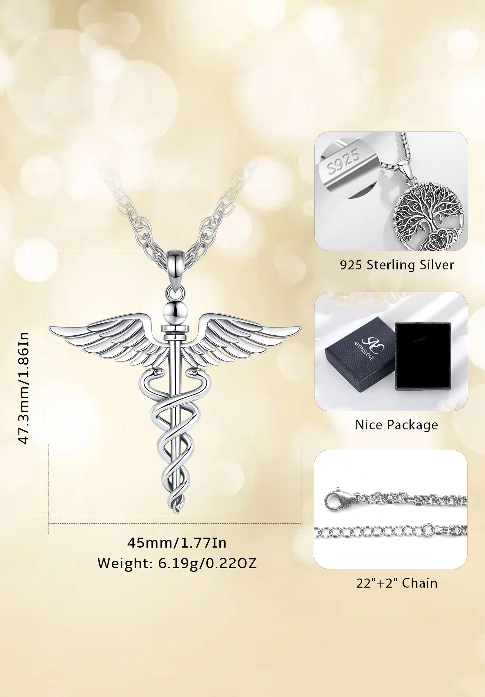 AEONSLOVE Collana Caduceo Hermès in Argento 925 Ciondolo Serpente con Ali d'Angelo Gioielli Simbolo di Medico Regali per Infermieri Dottore Donna Uomo