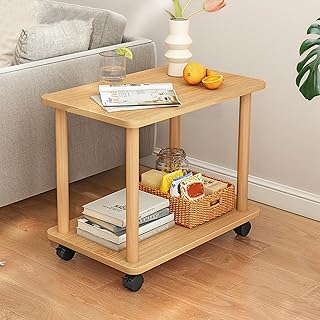 cdar End Table,2 Tier Open Shelf Sofa Small Side Table 360 Degree Swivel Bedroom Bedside Table on Wheels Easy Assembly Solid Wood Coffee Tea Table Wooden Color
