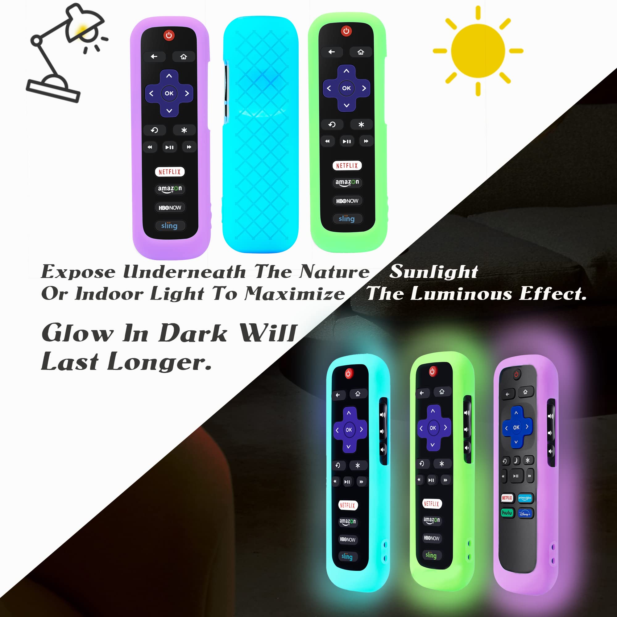 Lot de 3 coques pour télécommande Roku TV, couvercle de batterie pour télécommande TCL Hisense Roku TV Steaming Stick 4K 4K + Roku Voice Remote, coque universelle en silicone avec phosphorescente
