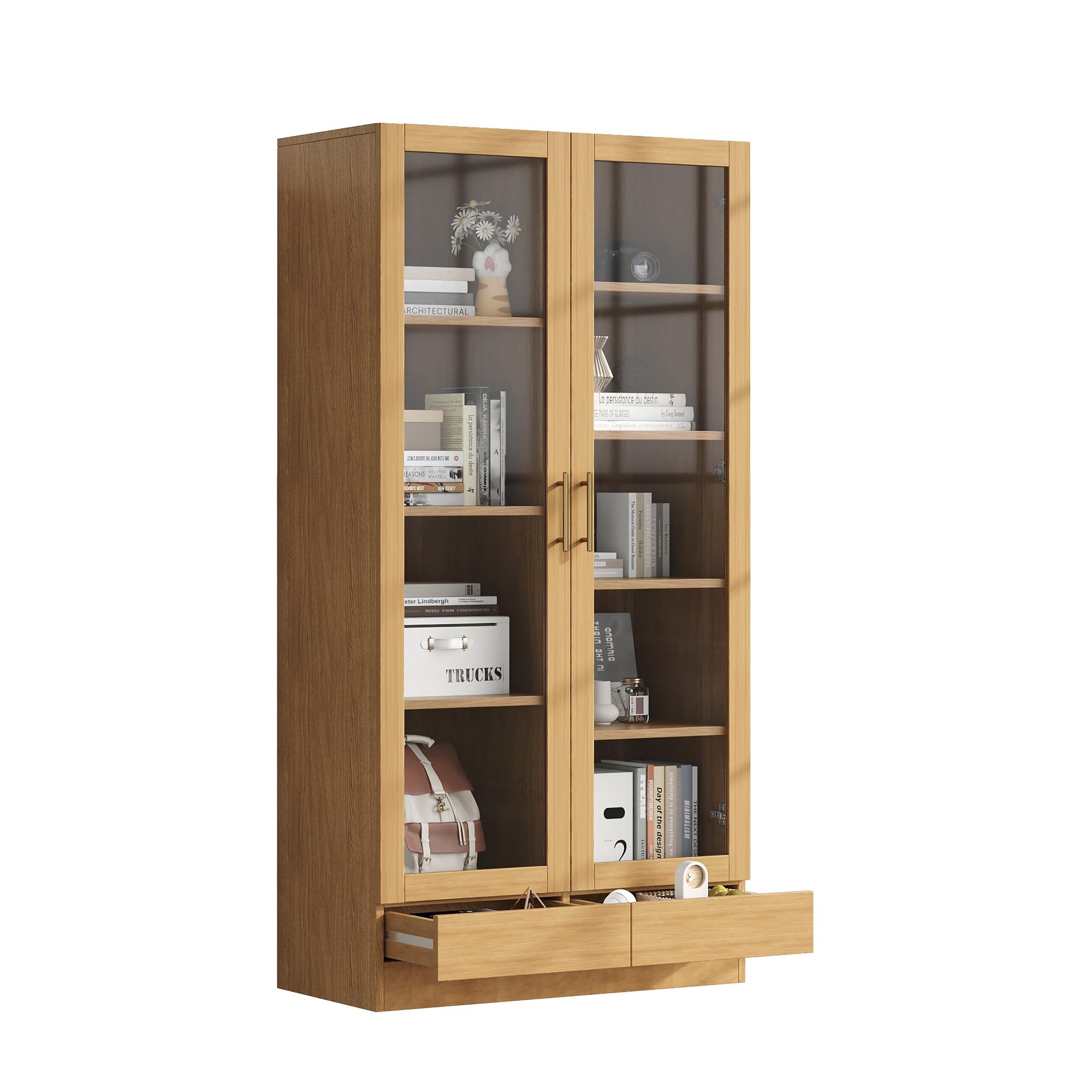 Vitrina de cristal (gabinete de oficina/estantería/archivador/estantería) – estantes escalonados, no ajustables, cajones push to abiertos sin asas, 80 x 40 x 160 cm, color madera
