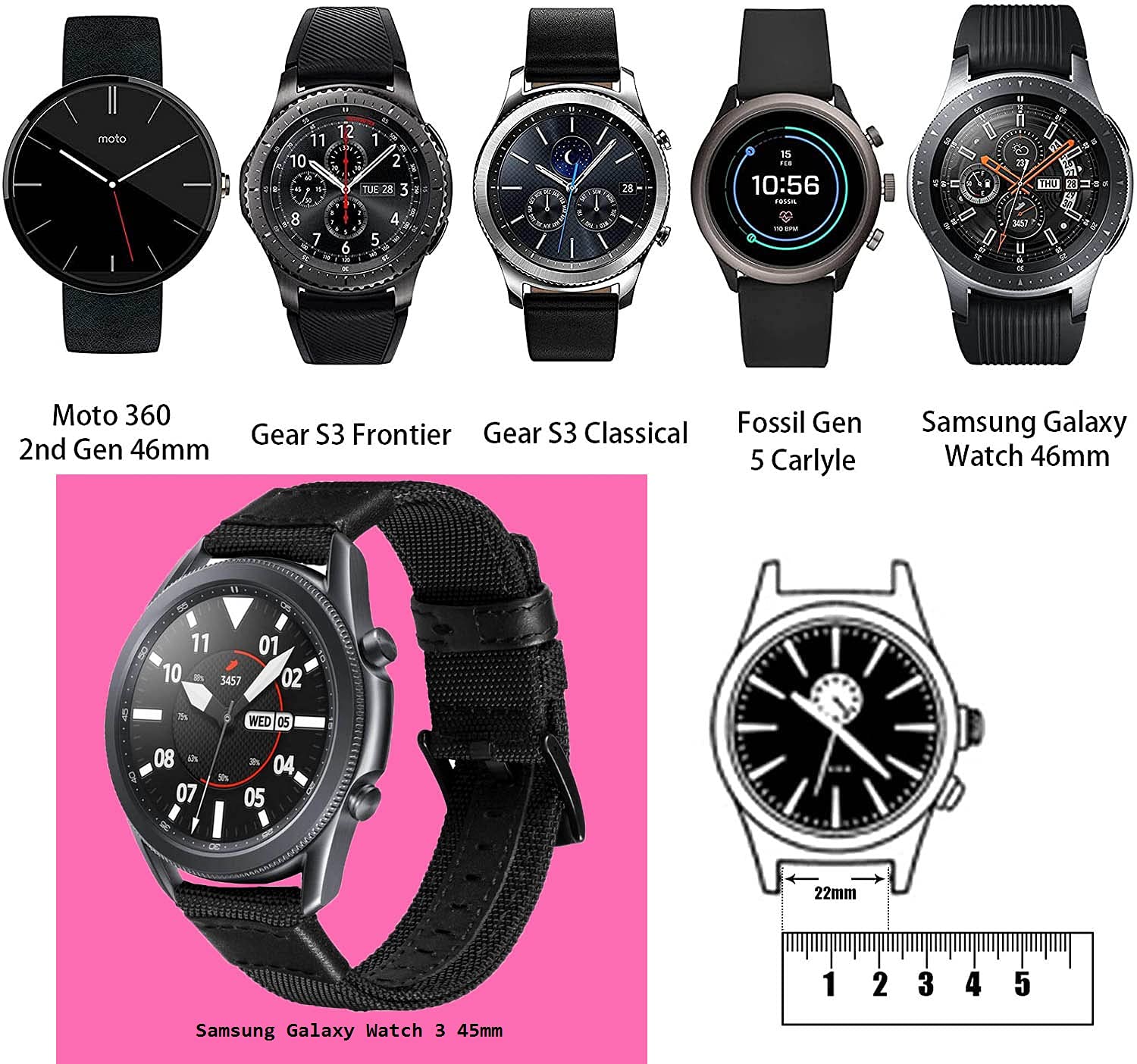 Olytop Galaxy Watch 46mm Bands, Galaxy Watch 3 45mm Band, Gear S3 Frontier Bands, 22mm Nylon Sports Replacement Strap Wristband for Samsung Galaxy Watch 46mm 2019/3 45mm/ Gear S3 (Black+ Grey)