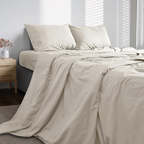 Bioweaves Juego de 4 piezas de sábanas de tejido de percal de 100 % algodón orgánico lavado, con certificación GOTS, bolsillo profundo de 17