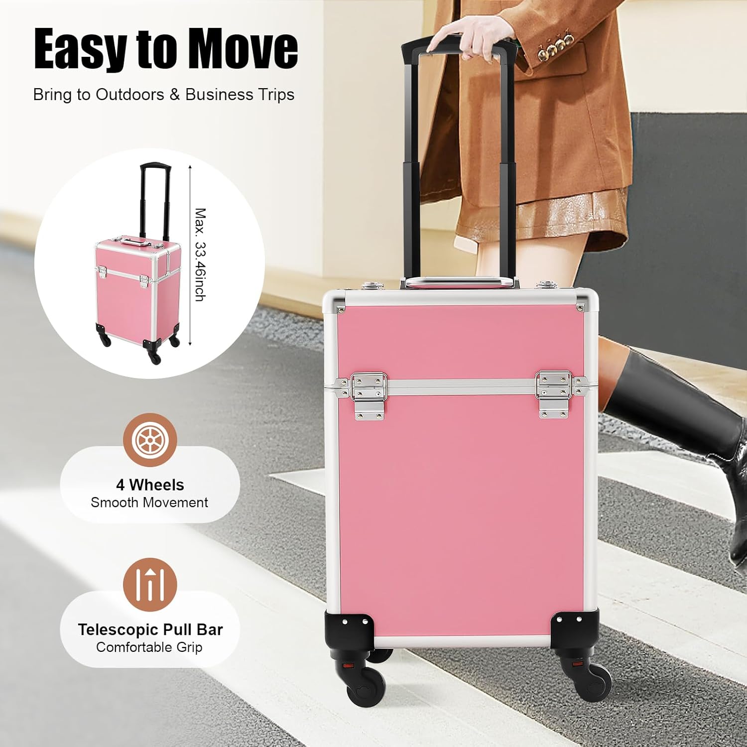 PERFERATE Professional Makeup Train Case Multi-functional Rolling Makeup Train Case Aluminum Cosmetic Cart Large Trolley Storage Case with Wheels for Make Up Hairstylists Nail Tech (Pink)