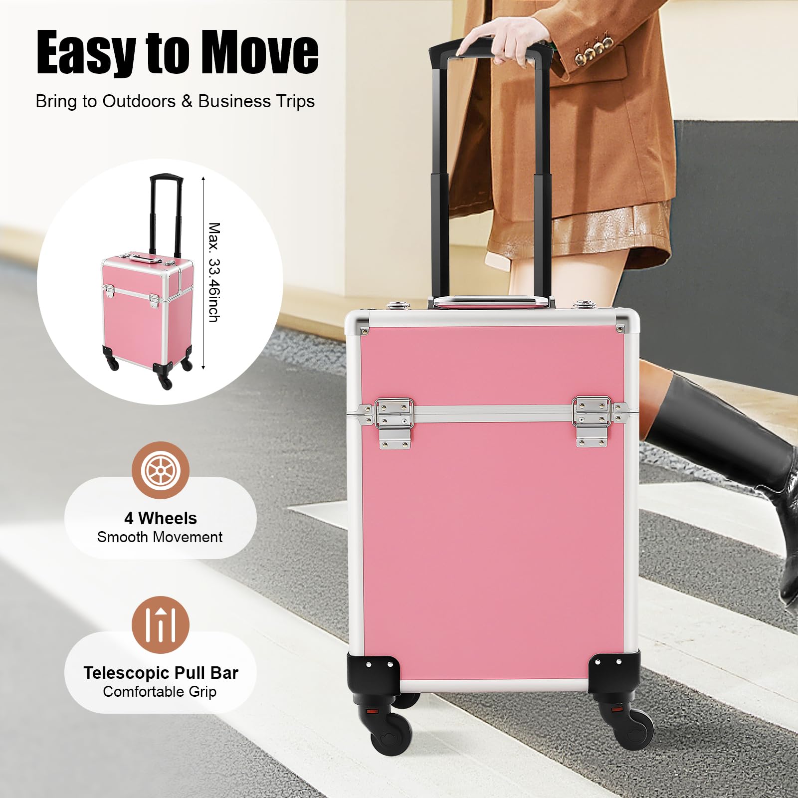 Rolling Trucco Trolley Valigia in Alluminio, Grande Capacità, Scomparti Rimovibili, Organizer Ottimale, Trolley Estensibile, Ideale per Viaggi, Lavoro, Salone di Bellezza, Artista, Rosa