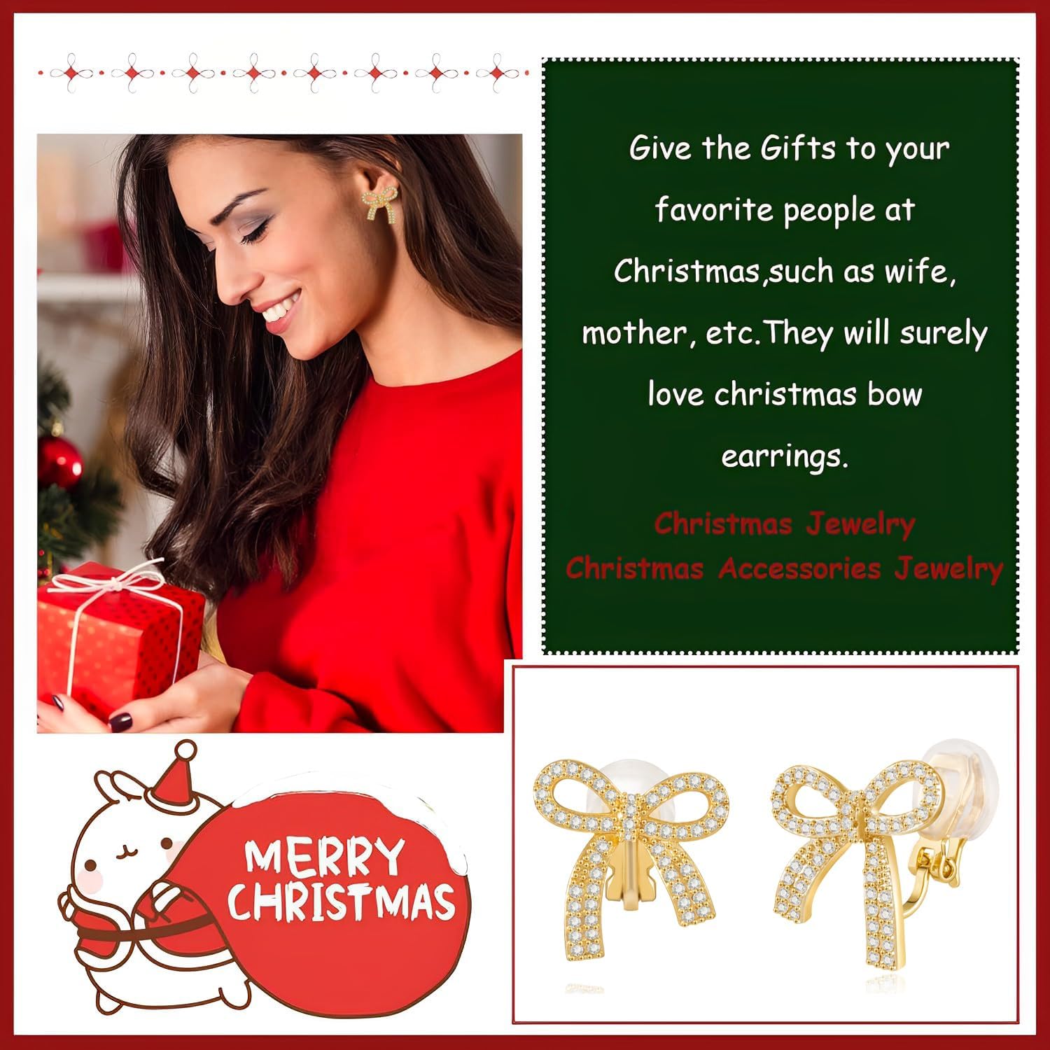 XGALBLA Silver/Gold tone Bow Earrings for Women Trendy Sparkly Cubic Zirconia Chain Tassel Earrings Bow Clip on Earrings Prom Wedding Party Dress Jewerly Stocking Stuffers for Women Christmas Gifts