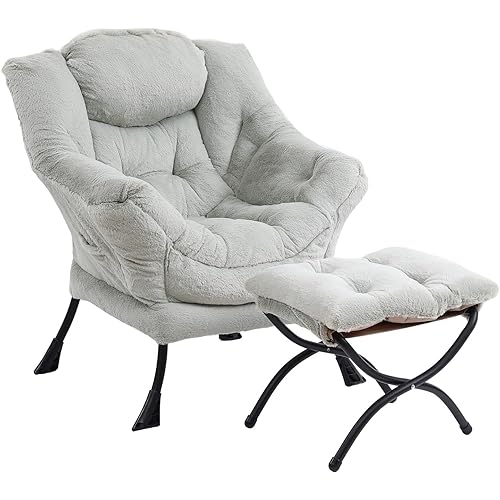 Lazy Chair with Ottoman, Modern Chair with Folding Footrest, Lounge Accent Chair, Comfortable Reading Chair (Plush Green)