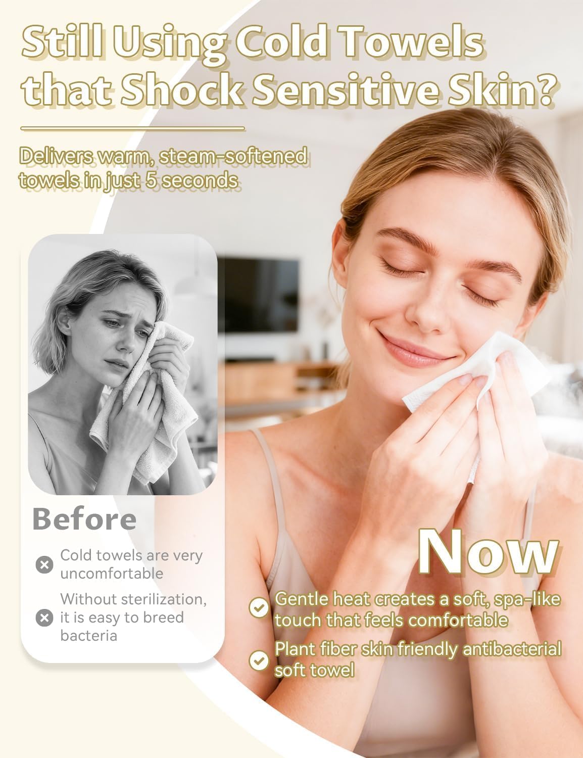 Dispensador automático de toallas calientes, 55 °C con 100 toallas comprimidas, calentamiento de 5 segundos, vaporizador facial portátil para el hogar, spa y salón