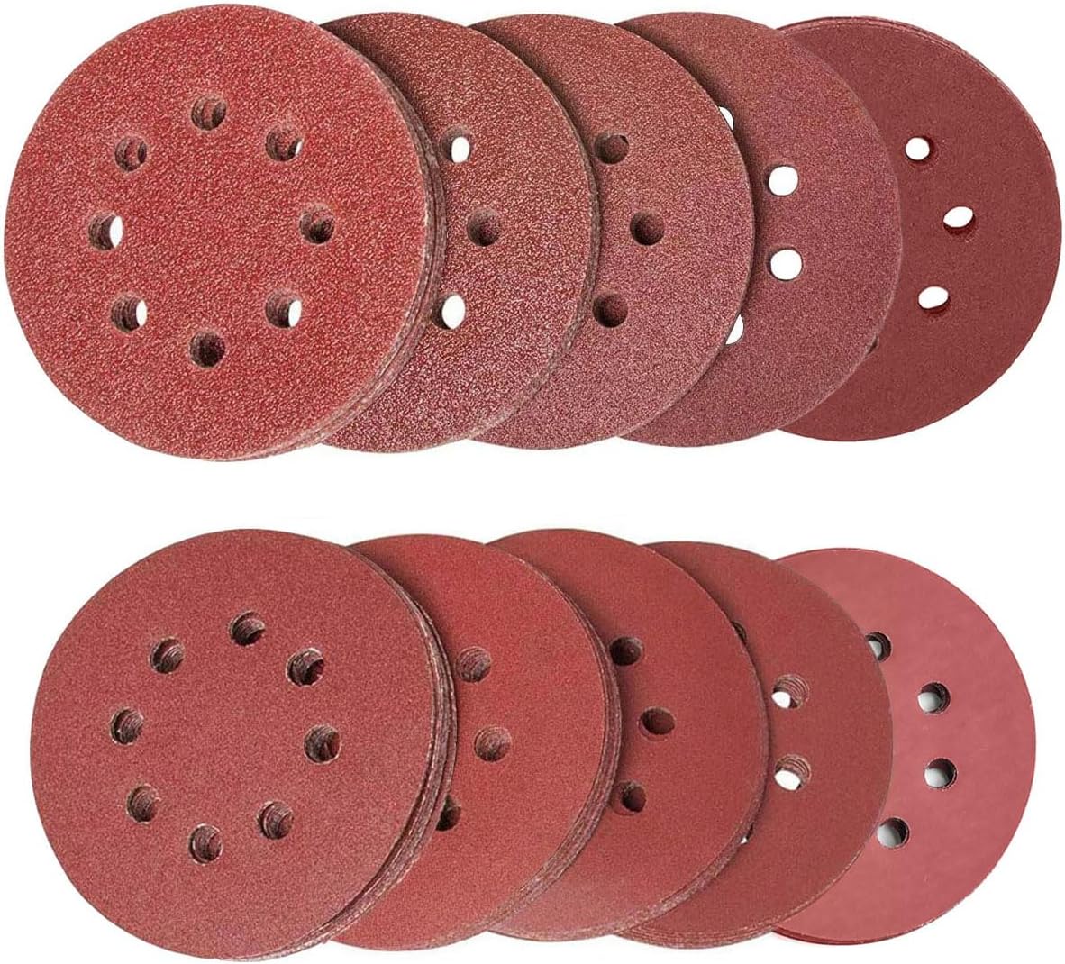 100pcs Sanding Discs Set, 5 Inch 8 Hole Sandpaper 10 Grades Include 40, 60, 80, 120, 180, 220, 320, 400, 600, 800 Grits for Random Orbital Sander