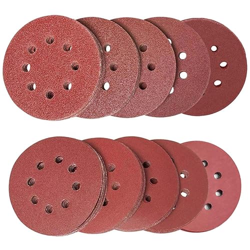 Woapech - Juego de 100 discos de lijado, papel de lija de óxido de aluminio de 5 pulgadas, 8 agujeros, 10 grados para lijadora orbital aleatoria