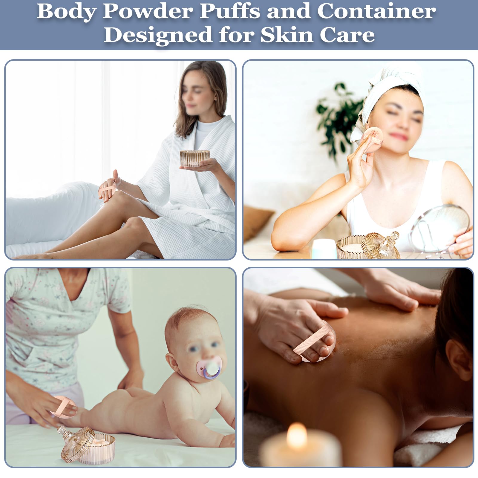 Lot de 3 boîtes à poudre en verre - Pour poudre corporelle - Pour bébé - Avec pompon à poudre - Étui à poudre pour poudre corporelle, talc, poudre cosmétique - Cadeau pour voyage, anniversaire
