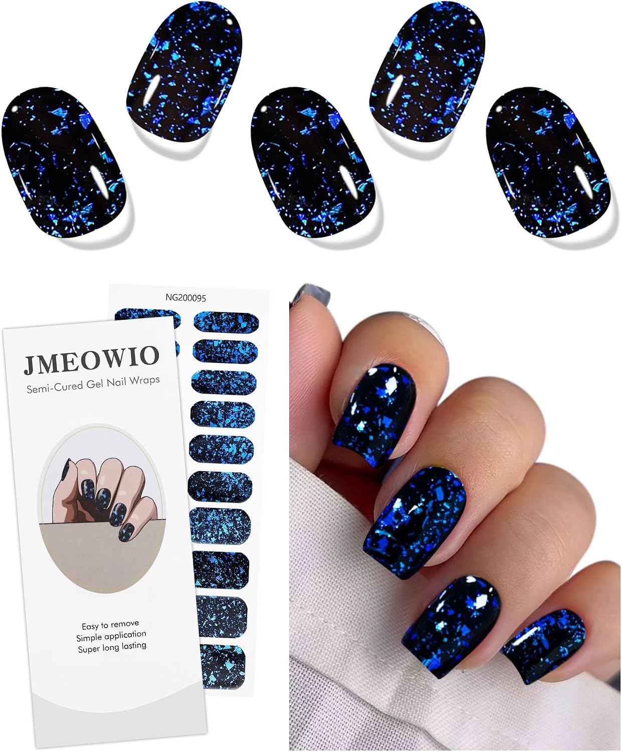 JMEOWIO Gel Nail Stickers Dark Blue Semi Cured Gel Nail Strips Wraps UV/LED Nails Art Design Decoration Accessories
