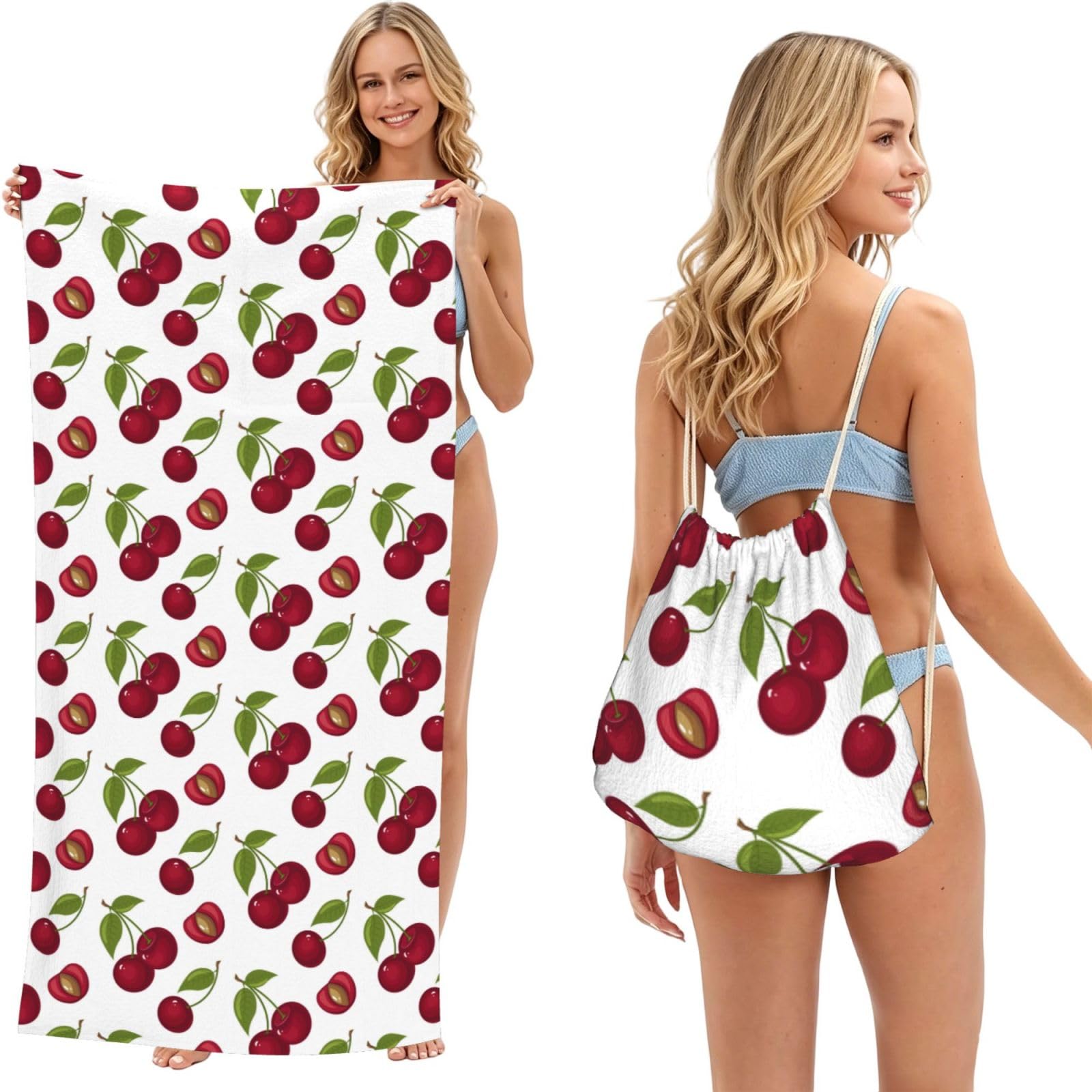 Poadnly As Picture Cherry, 2 In 1 Packable Towel Bag, Beach Towels With Drawstring Backpack For Travel Holiday Camping