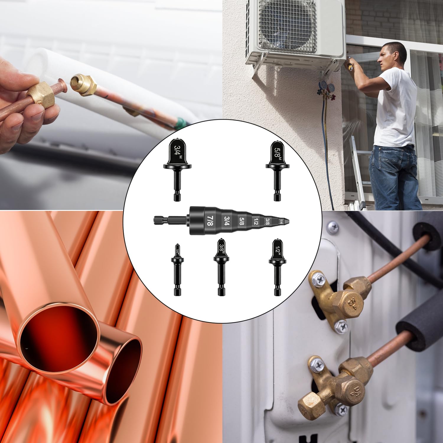 6Pcs Swaging Tool HVAC, Air Conditioner Copper Expander Tube HVAC with 6 in 1 Swedge Tool, Flaring Drill Pipe Repairing Tubing Set 1/4'', 3/8'', 1/2'', 5/8'', 3/4'' Bits