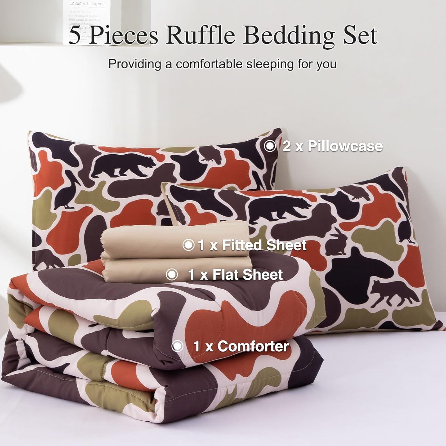 Meeting Story 5 pcs Camo Bedding Set Twin Size for Boys,Aminal Comforter Fox Bear Bedspread Camouflage Bed Sets for Kids Teens, Wild Home Decor(Brown,Twin) - Image 6