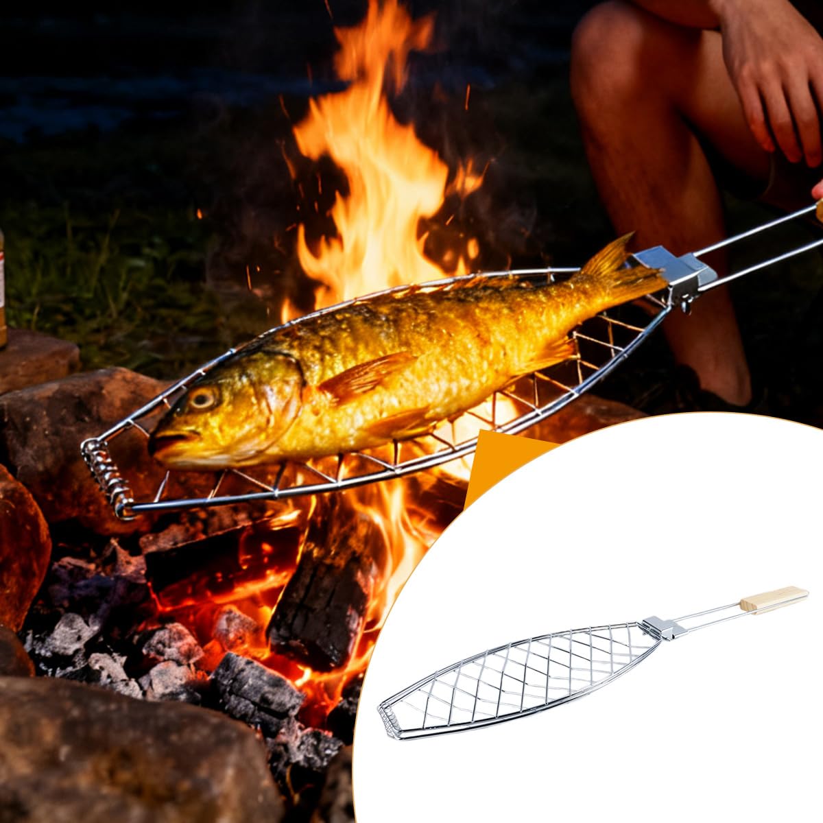 Arrostitore per pesce, supporto per griglia per pesce in acciaio inox con manico in legno, vassoio multifunzionale per barbecue per frutti di mare e verdure