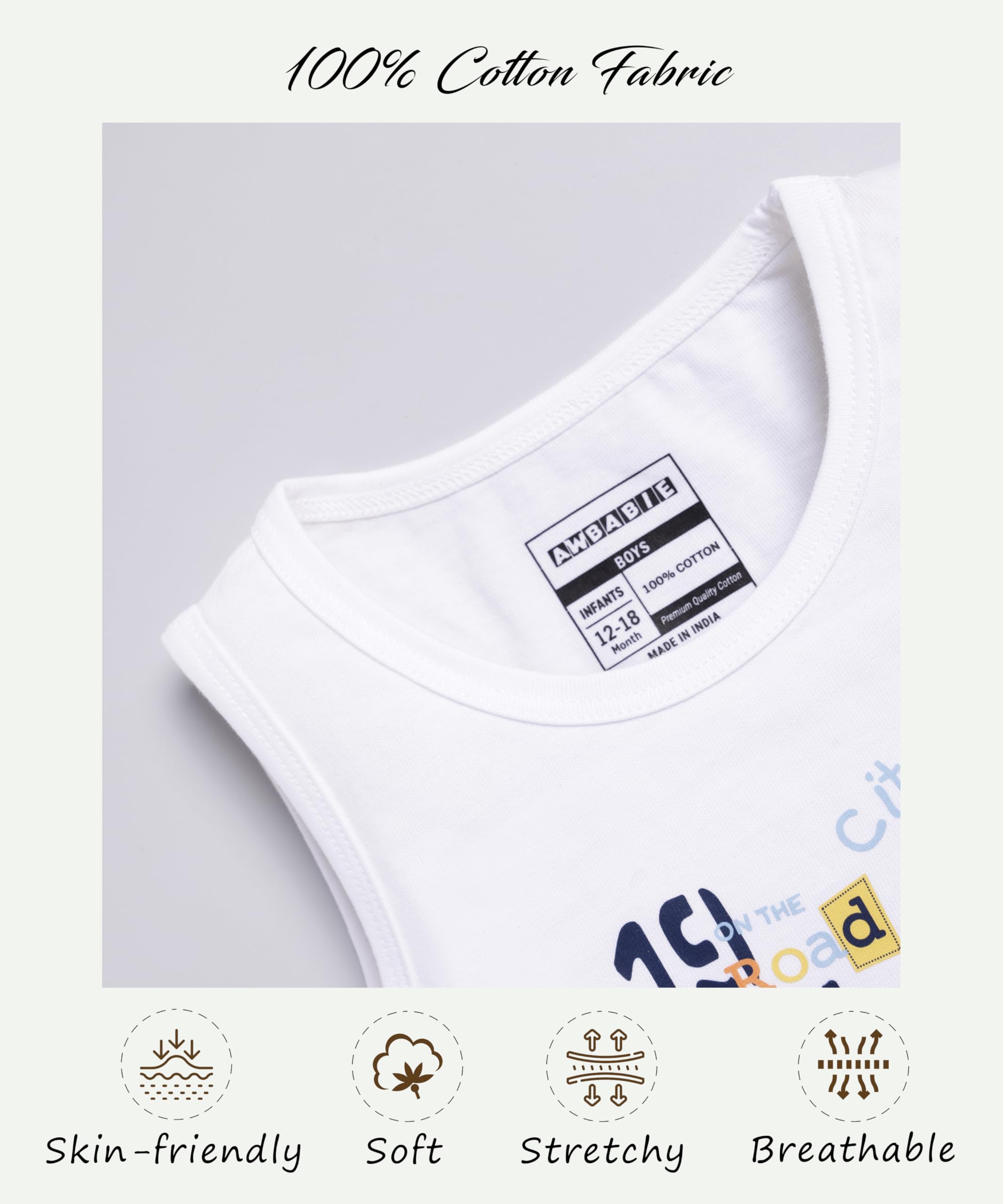 Awbabie Infant Boys' Sleeveless Top | 100% Cotton | Bio-Wash | 180 GSM Jersey | Soft & Breathable | Playful DTF Print | Cool & Versatile | Bright White | 6-9M - Image 3 thumbnail