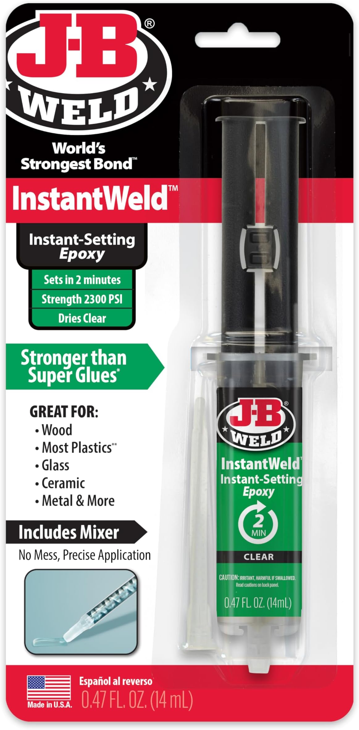 J-B Weld InstantWeld - Clear, 2 Minute Set Epoxy Adhesive, Static Mixer No Mess Application - 14ml