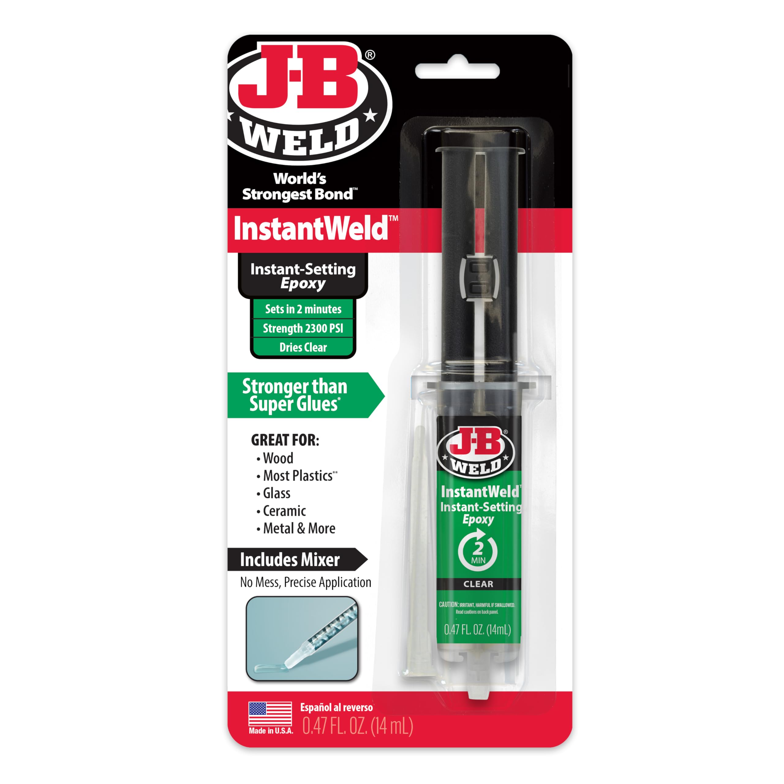 J-B Weld InstantWeld - Clear, 2 Minute Set Epoxy Adhesive, Static Mixer No Mess Application - 14ml