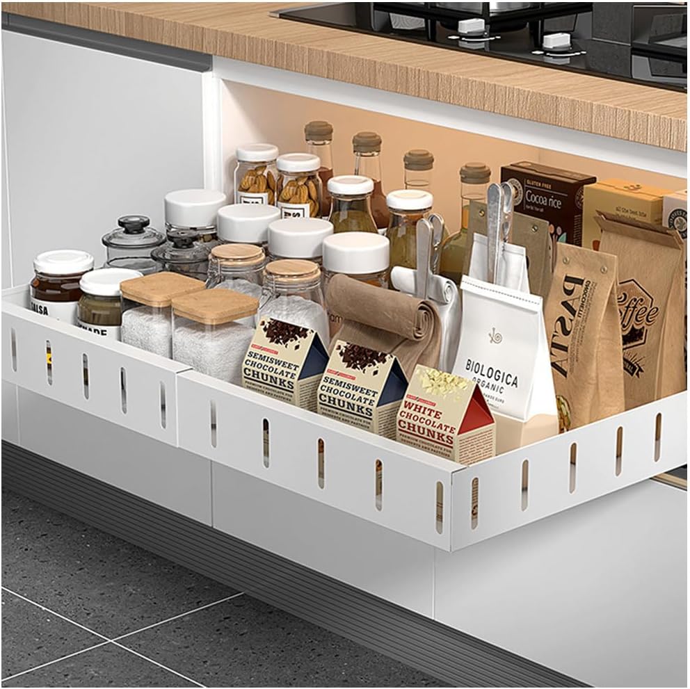 Pull Out Cabinet Organiser, Expandable Slide Out Kitchen Storage Drawer, No Punch for Kitchen Base Cabinet Organization (White)