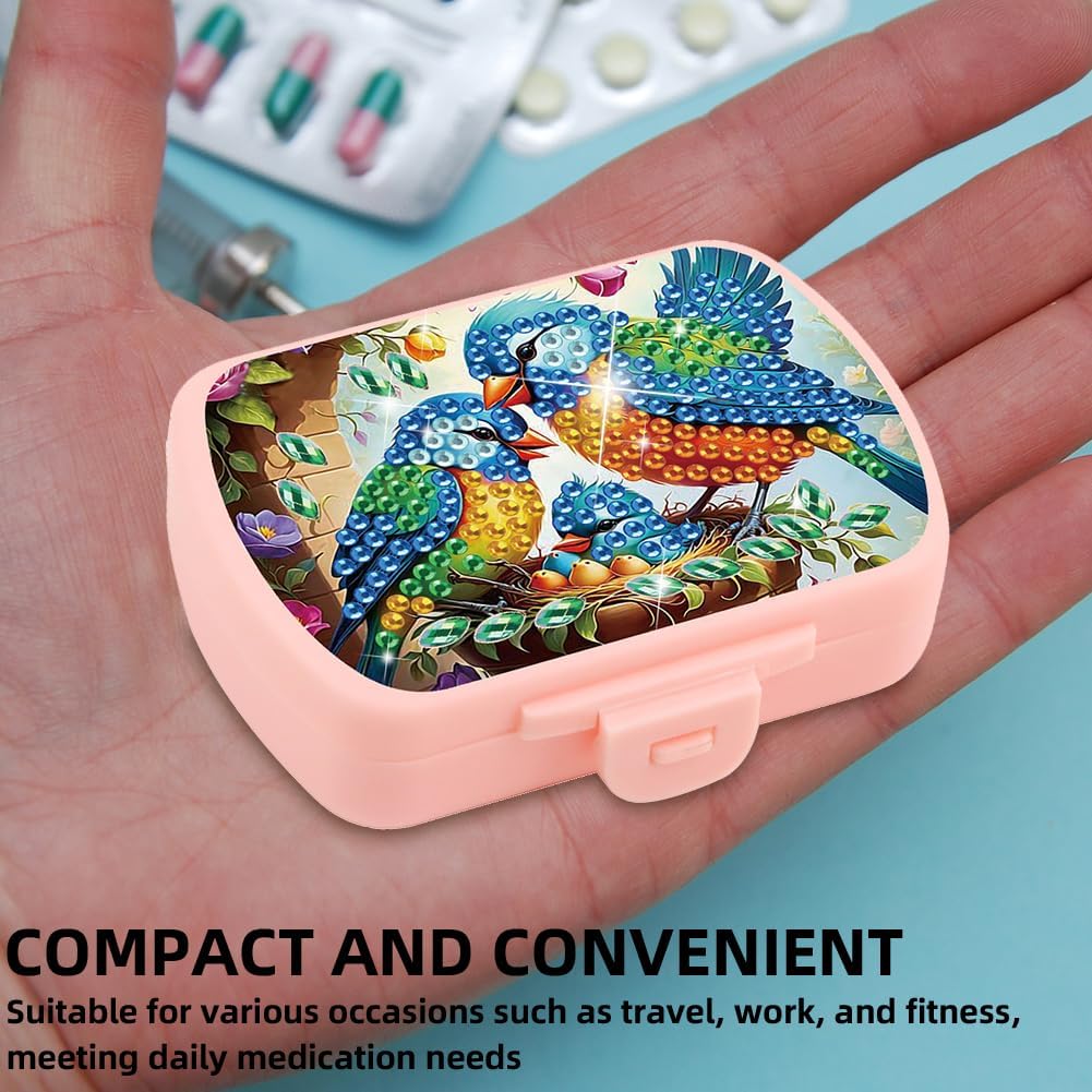 C'eitura 2pcs DIY Colorful Bird Diamond Art Painting Pink Pill Organizer with 6 Lid Detachable Compartments, Fun DIY Craft Project for Adults, Elegant Pill Case for Purse & Travel