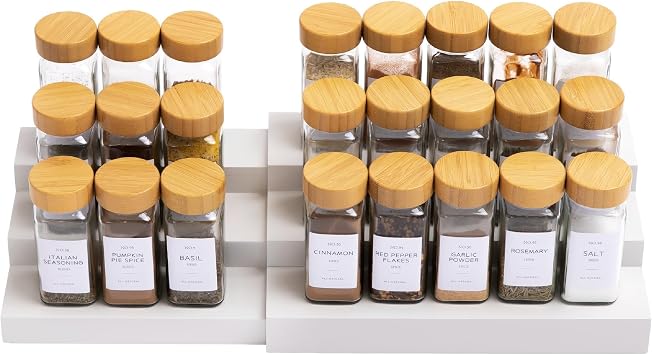 KitchenEdge Expandable Spice Rack Organizer for Cabinet, 3-Tier Shelf for Spice Organization 11 to 22, Fits 36 Spice Jars, Seasoning and Pantry Storage, Non-Slip Feet, 100% Bamboo, White Finish