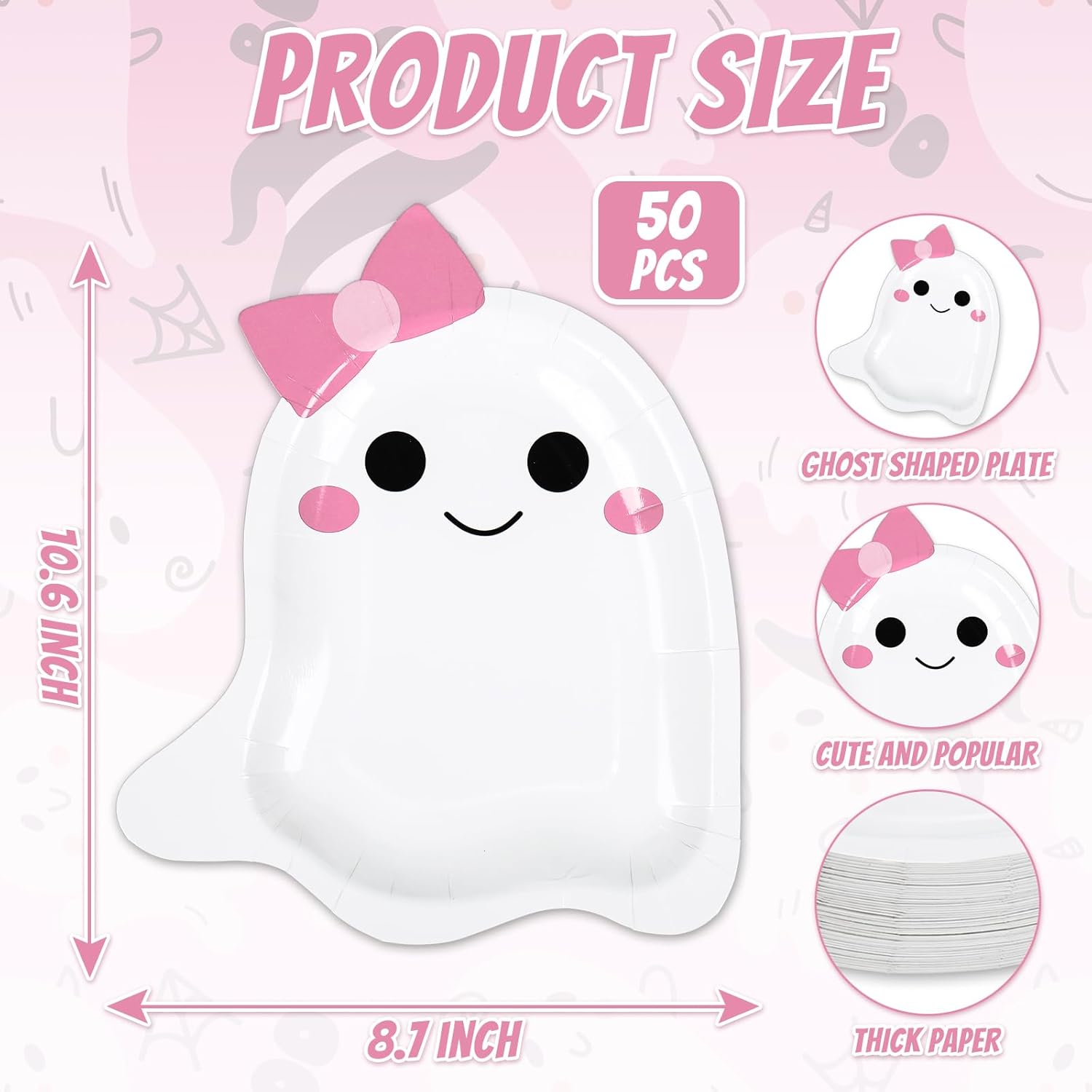 JarThenaAMCS 50Pcs Halloween Paper Plates Pink Bow Ghost Disposable Plate Cute Boo Dinner Plate for Halloween Baby Shower Party Table Decor, 10.6 x 8.7 Inch