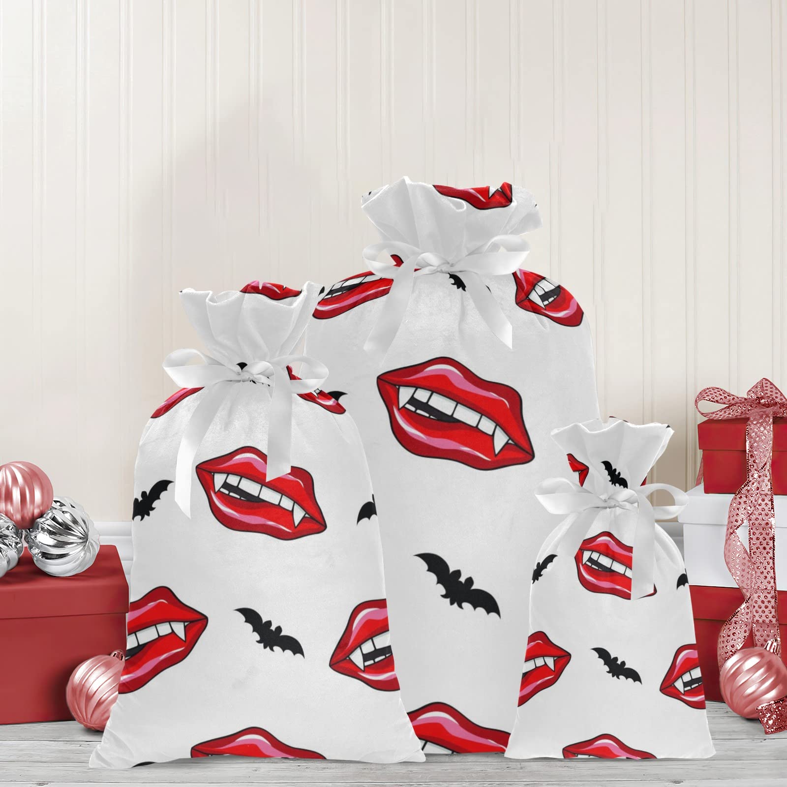 Grandkli Vampire Red Llips Christmas Drawstring Bags for Gifts Velvet Set, Christmas Sacks 3 Pc for Home Familys Decor