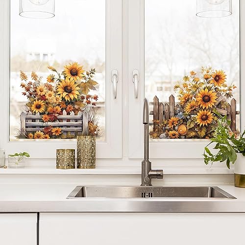 Miniatura 3 de Calcomanías de pared pintadas con flores de girasol, arte floral amarillo de sacinora calcomanías de pared de vinilo removible para cocina,