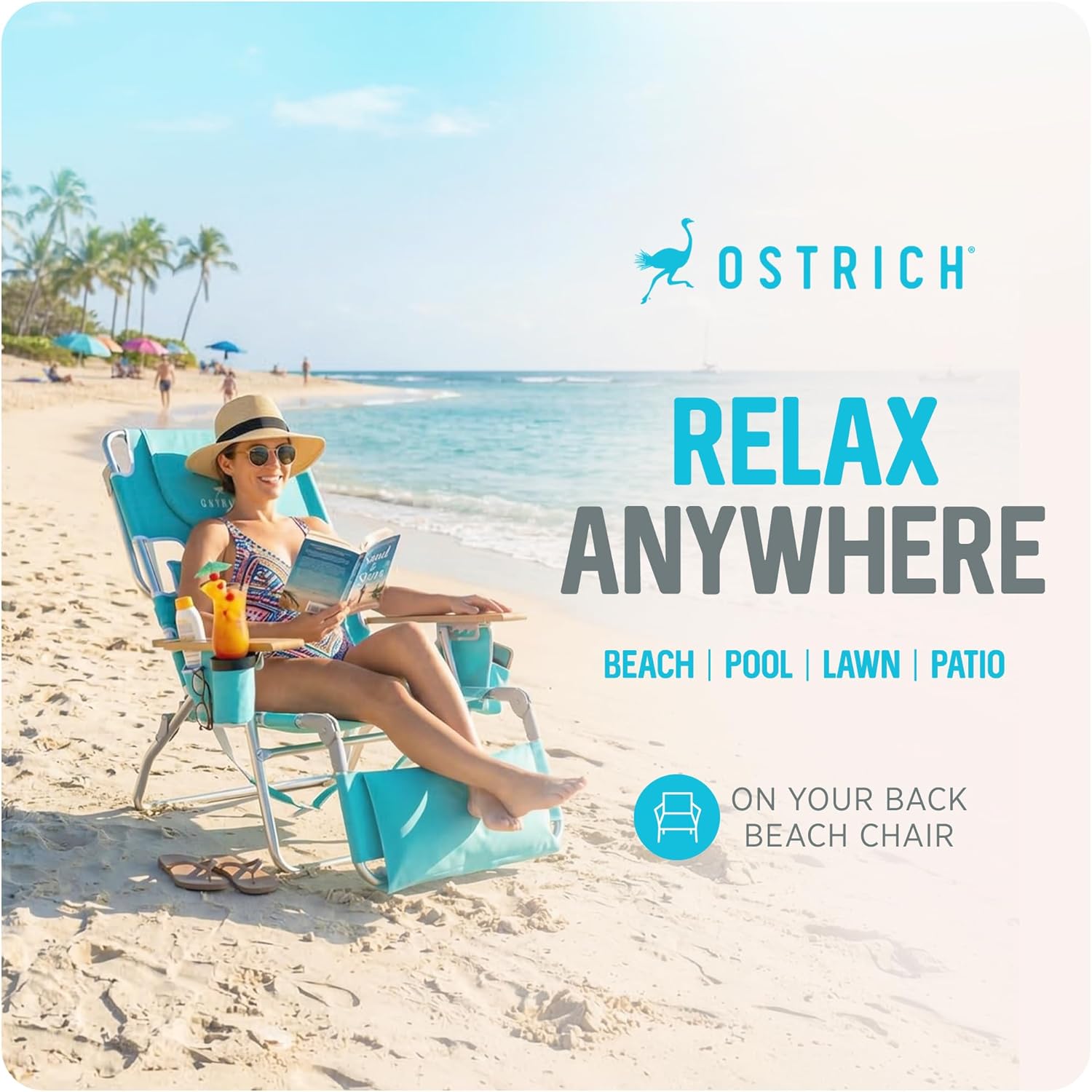 Ostrich the Deluxe 3N1 Lightweight Lawn Beach Reclining Lounge Chair with Footrest, Outdoor Furniture for Patio, Balcony, Backyard, or Porch, Aqua