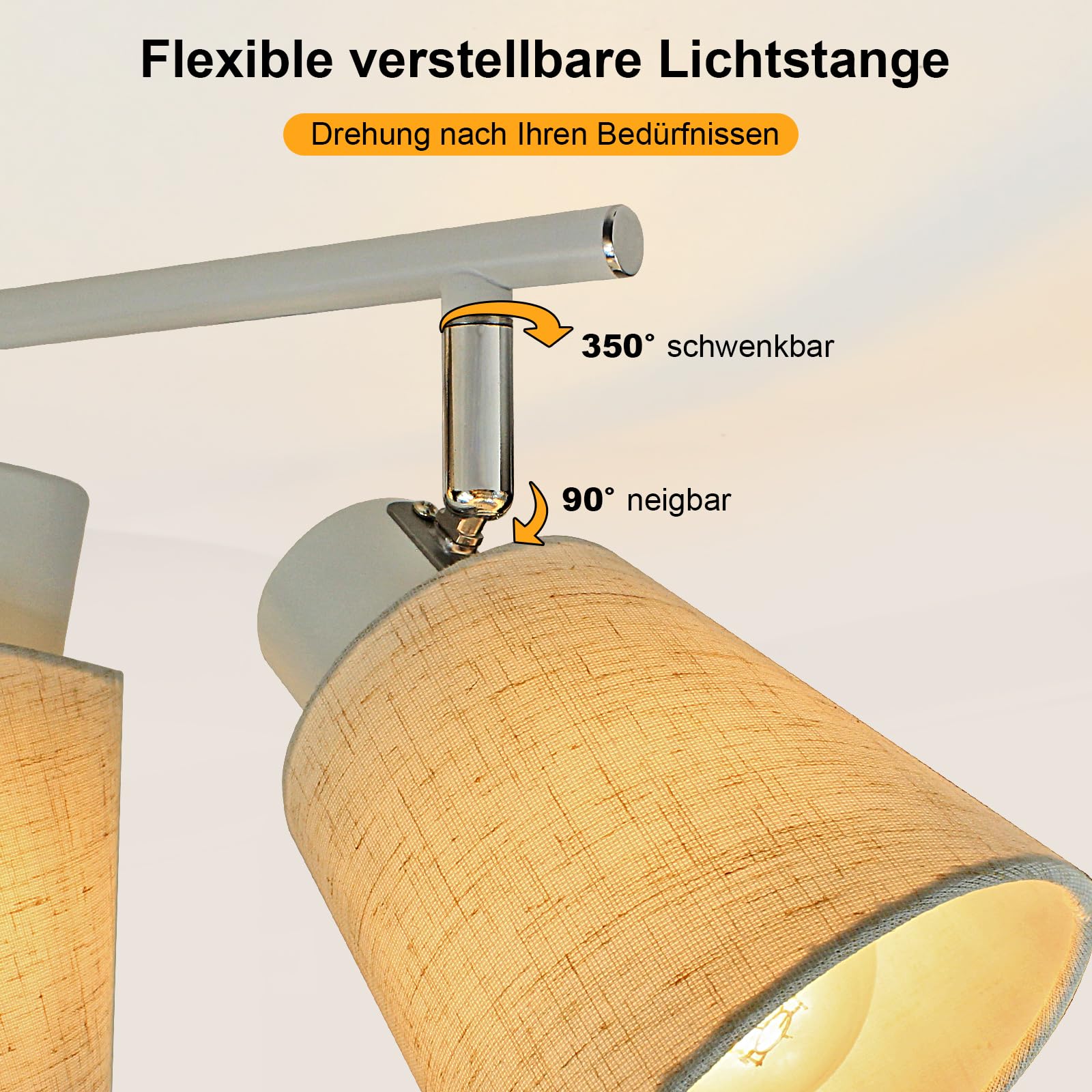 Deckenstrahler 4 Flammig Deckenlampe E27 Weiß | Deckenleuchte Schwenkbar 350°, Leinen Lampenschirm, für Wohnzimmer, Flur, Küche, Schlafzimmer, Ohne Leuchtmittel