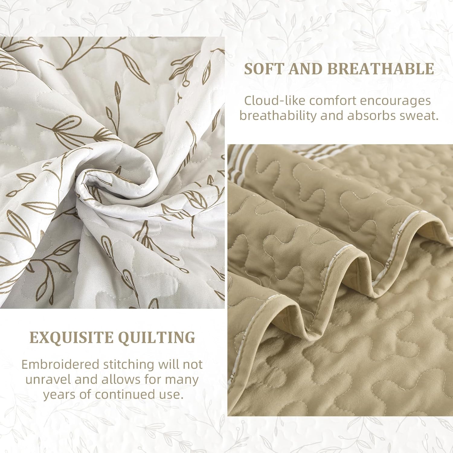 DJY Striped Quilt Set King Size, Brown Boho Striped Patchwork Leaves Printed Bedspread Coverlet Set 3 Pieces Soft Lightweight Microfiber Quilted Bedding Set for All Season (104"x90") - Image 7