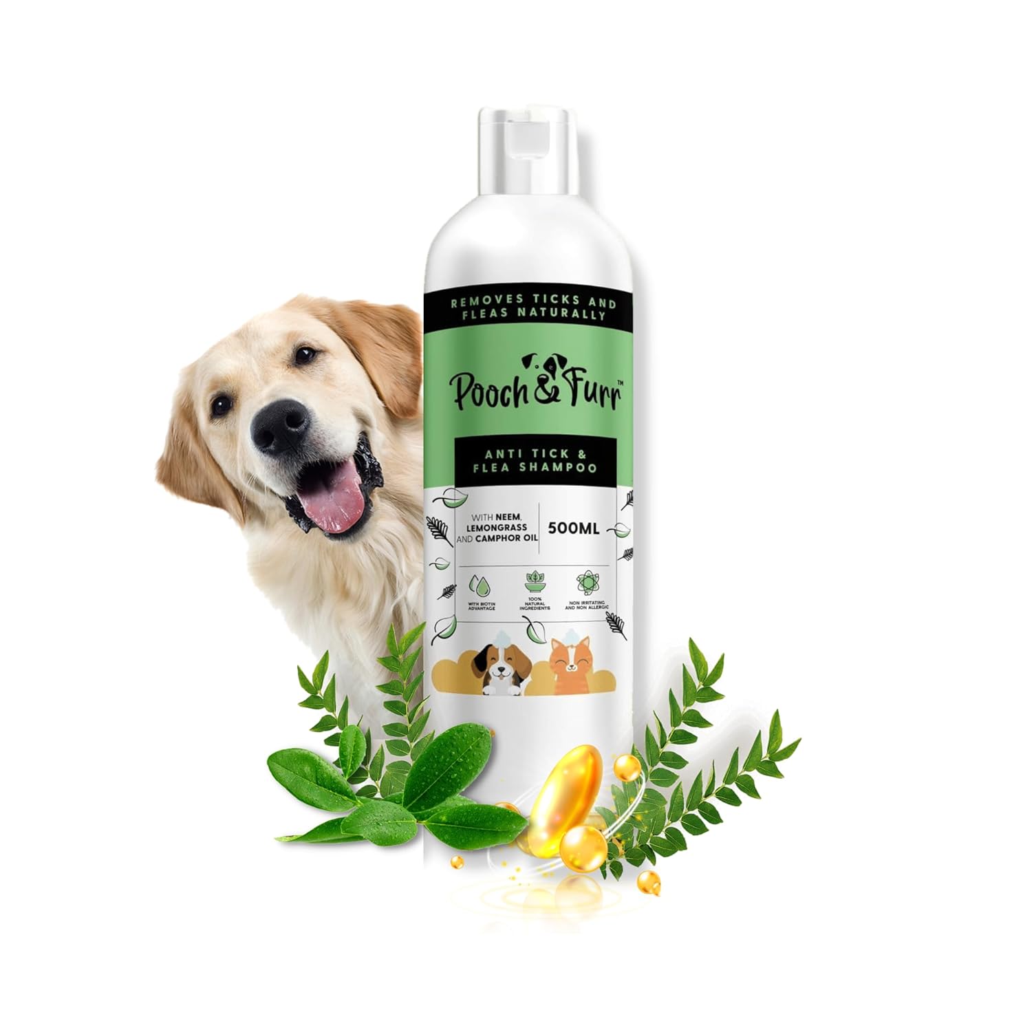 POOCH & FURR (500ml) Natural Neem Anti Tick and Flea Dog Shampoo | with Neem, Lemongrass and Camphor Oil | Paraben Free, PH Balanced and Cruelty Free (500 ml) with Biotin Advantage
