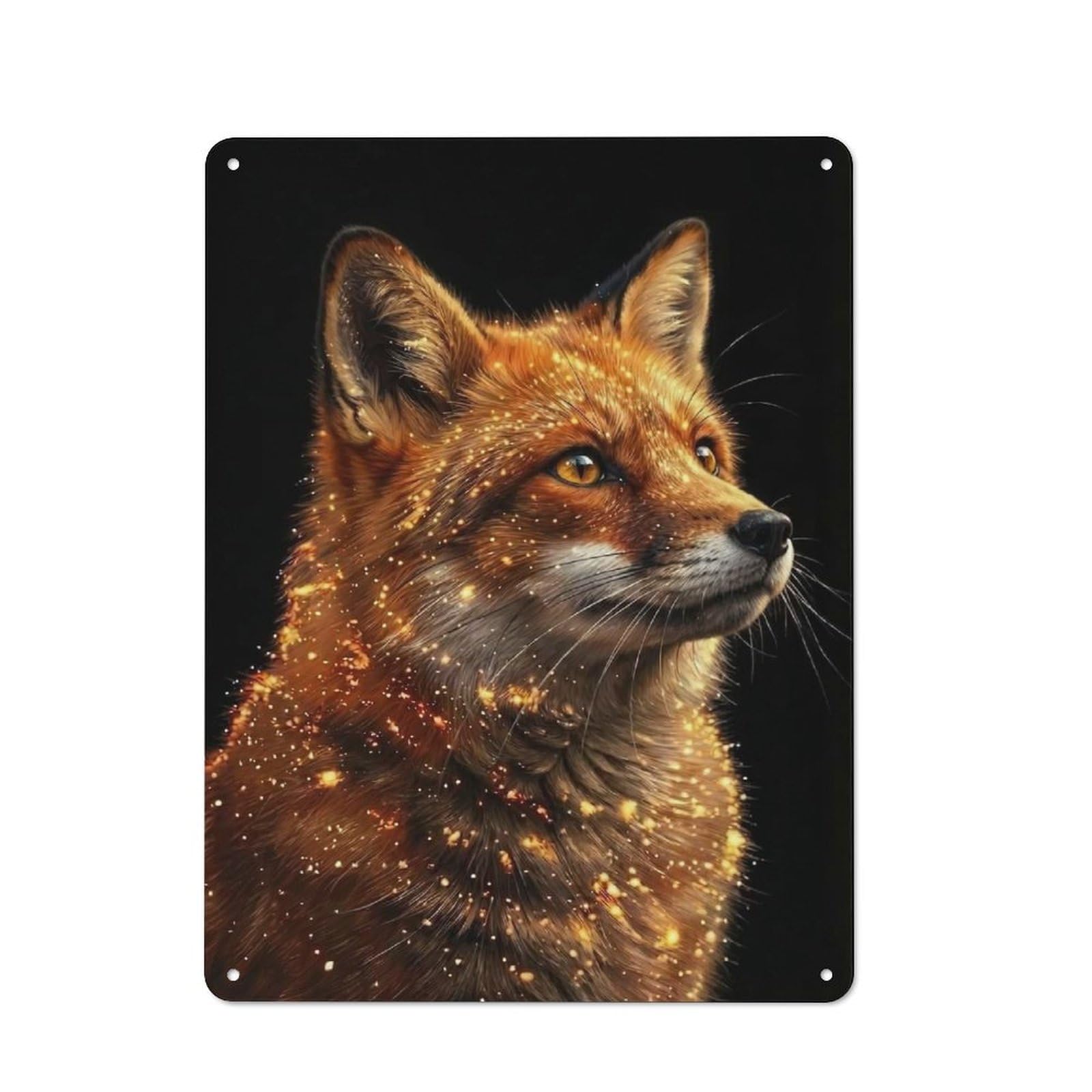 Fox Portrait with Golden Sparkles Metal Wall Plaque for Travel Corner, Bedroom Or Home Office, Gift for Travel Lovers And City Fans, 40x30cm