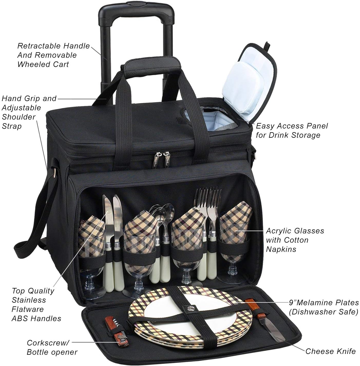 Picnic at Ascot Original Insulated Picnic Cooler with Service for 4 on Wheels-Designed & Assembled in the USA